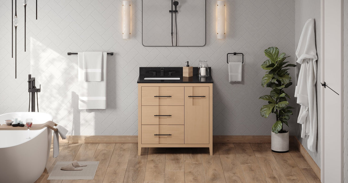 Jeffrey Alexander VKITKAT36NOBGR Katara 36" Natural Oak Single Sink Bathroom Vanity with Black Granite Top - 8 in. Widespread Faucet Top