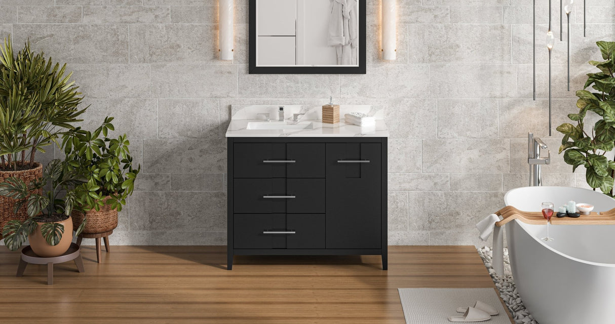 Jeffrey Alexander VKITKAT42BKCQR Katara 42" Black Single Sink Bathroom Vanity with Calacatta Vienna Quartz Top - 8 in. Widespread Faucet Top