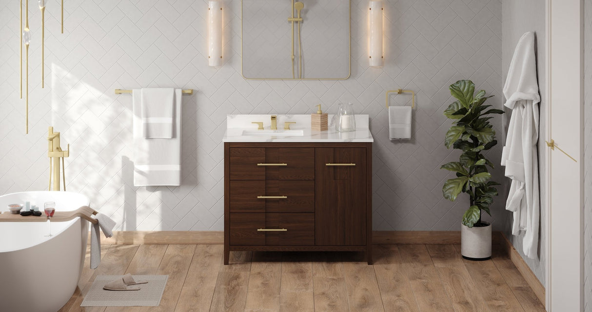 Jeffrey Alexander VKITKAT42DWCQR Katara 42" Dark Walnut Single Sink Bathroom Vanity with Calacatta Vienna Quartz Top - 8 in. Widespread Faucet Top