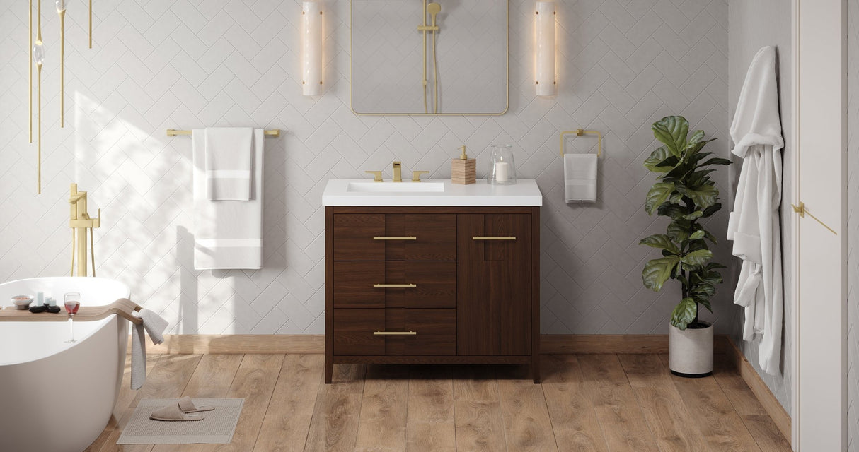 Jeffrey Alexander VKITKAT42DWRER Katara 42" Dark Walnut Single Sink Bathroom Vanity with White Resin Top - 8 in. Widespread Faucet Top