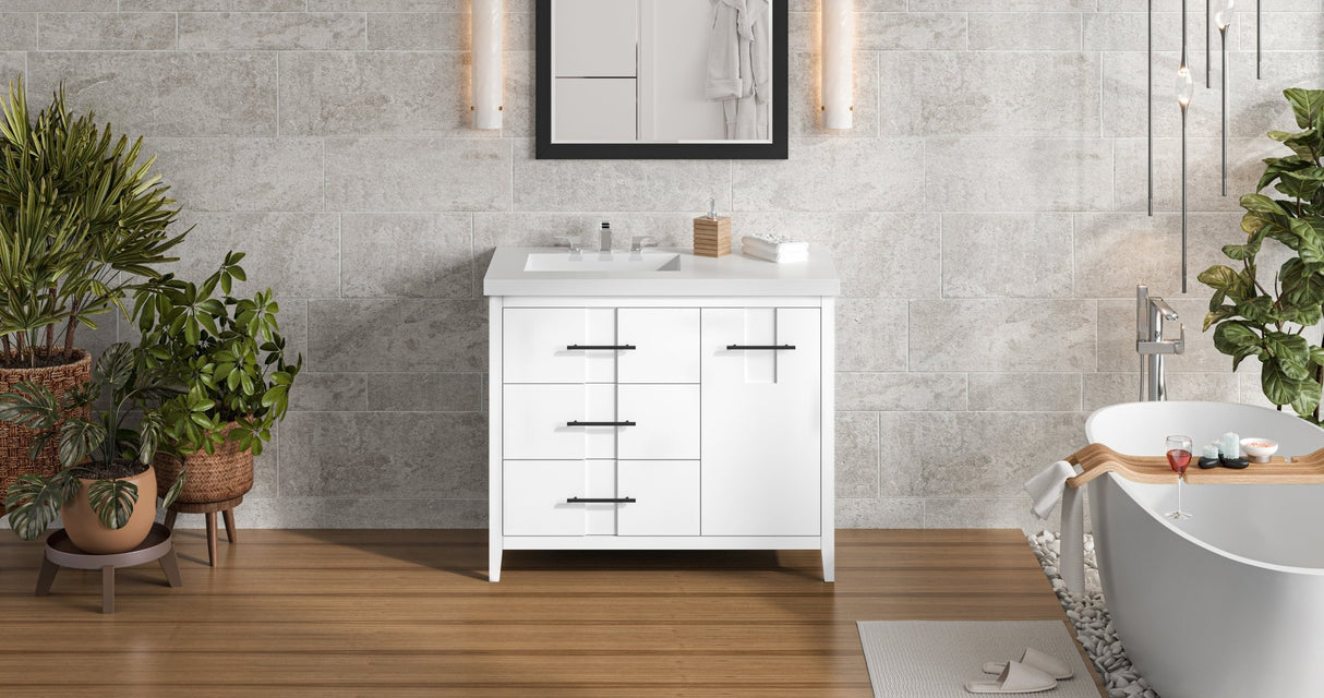 Jeffrey Alexander VKITKAT42WHRER Katara 43" White Single Sink Bathroom Vanity with White Resin Top - 8 in. Widespread Faucet Top