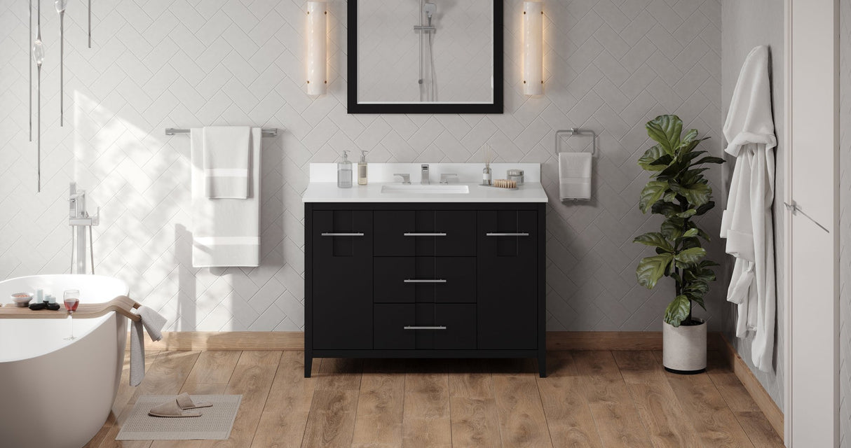 Jeffrey Alexander VKITKAT48BKWQR Katara 48" Black Single Sink Bathroom Vanity with White Quartz Top - 8 in. Widespread Faucet Top
