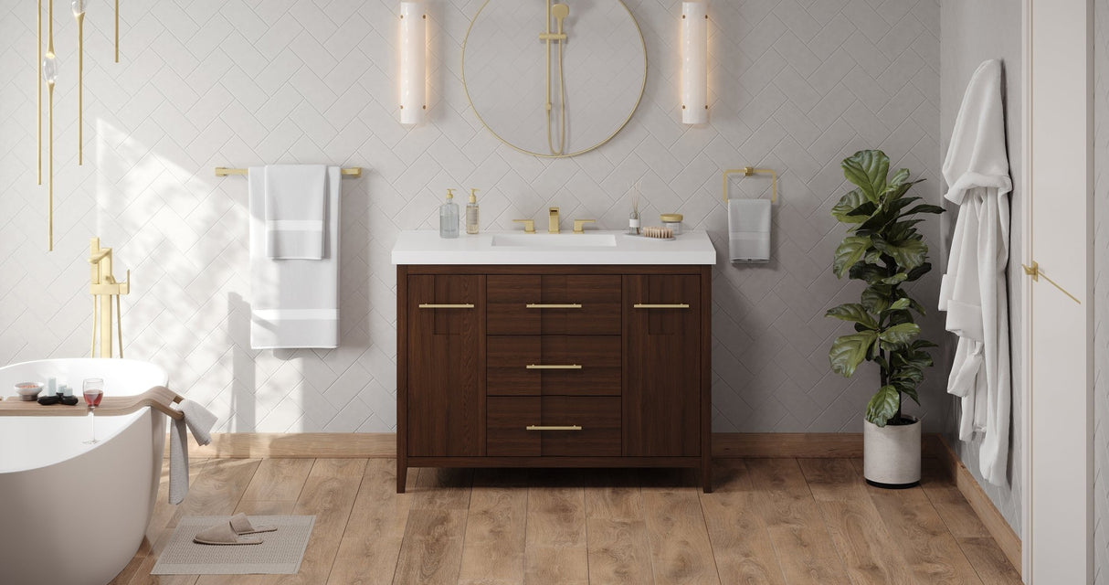 Jeffrey Alexander VKITKAT48DWRER Katara 48" Dark Walnut Single Sink Bathroom Vanity with White Resin Top - 8 in. Widespread Faucet Top