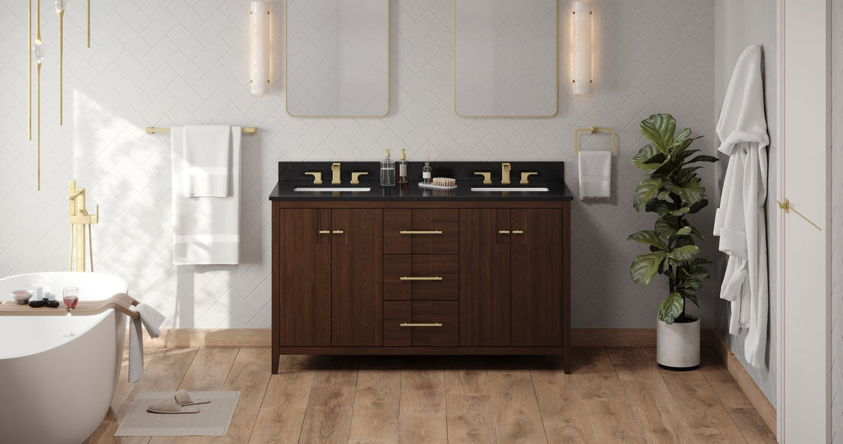 Jeffrey Alexander VKITKAT60DWBGR Katara 60" Dark Walnut Double Sink Bathroom Vanity with Black Granite Top - 8 in. Widespread Faucet Top