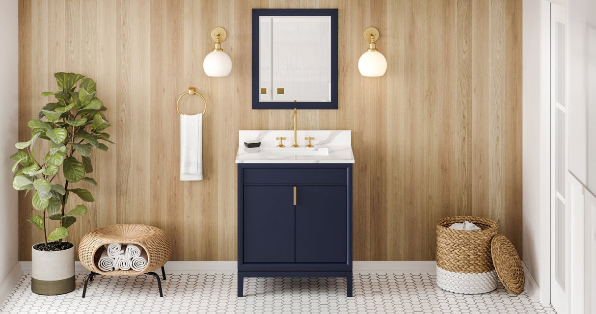 Jeffrey Alexander VKITTHE30BLCQR Theodora 30" Hale Blue Single Sink Bathroom Vanity with Calacatta Vienna Quartz Top - 8 in. Widespread Faucet Top