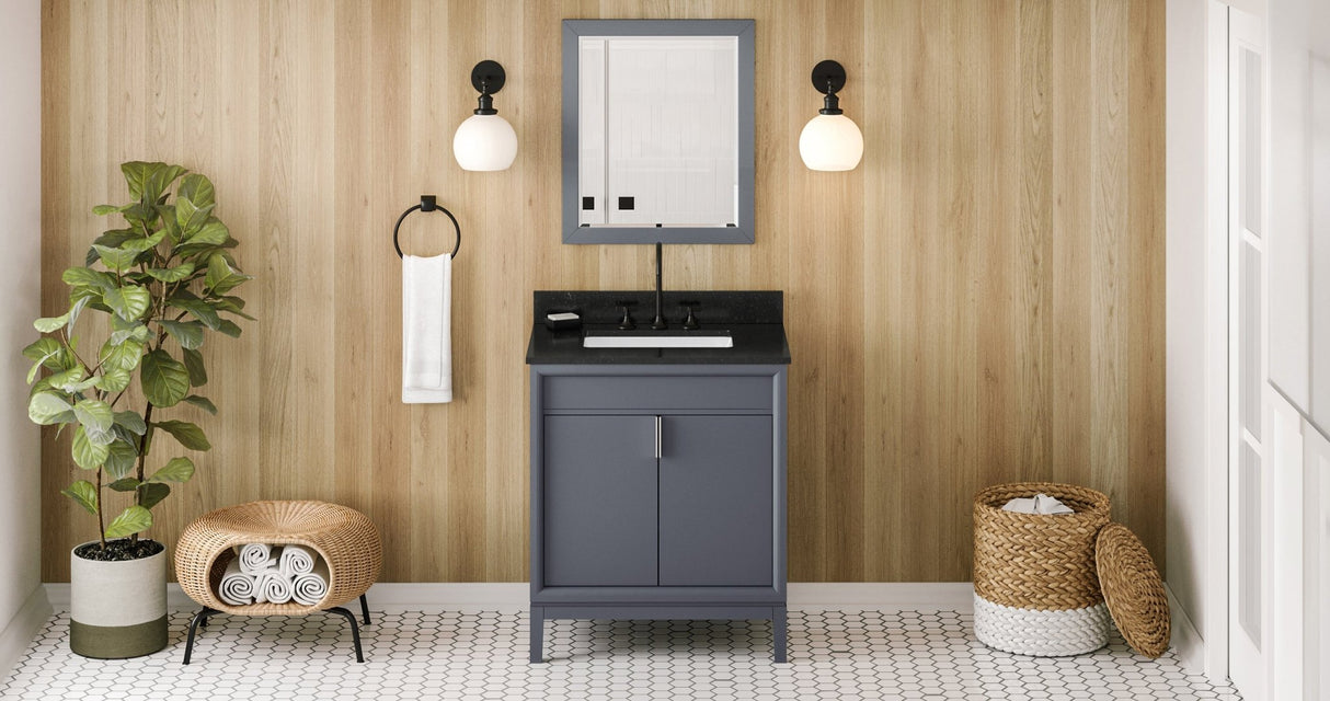 Jeffrey Alexander VKITTHE30BSBGR Theodora 30" Blue Steel Single Sink Bathroom Vanity with Black Granite Top - 8 in. Widespread Faucet Top