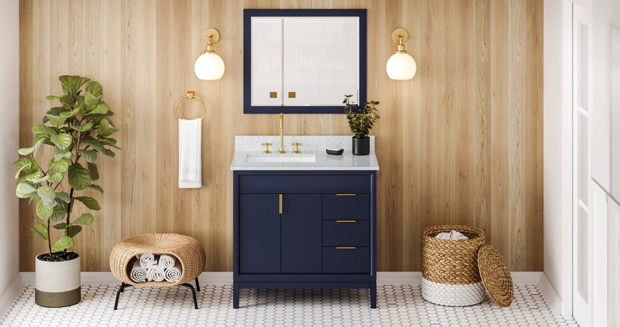 Jeffrey Alexander VKITTHE36BLWCR Theodora 36" Hale Blue Single Sink Bathroom Vanity with White Carrara Marble Top - 8 in. Widespread Faucet Top