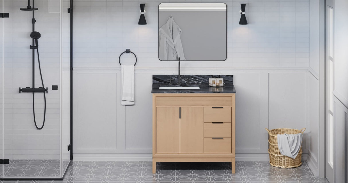 Jeffrey Alexander VKITTHE36NOMGR Theodora 36" Natural Oak Single Sink Bathroom Vanity with Grey Marble Top - 8 in. Widespread Faucet Top