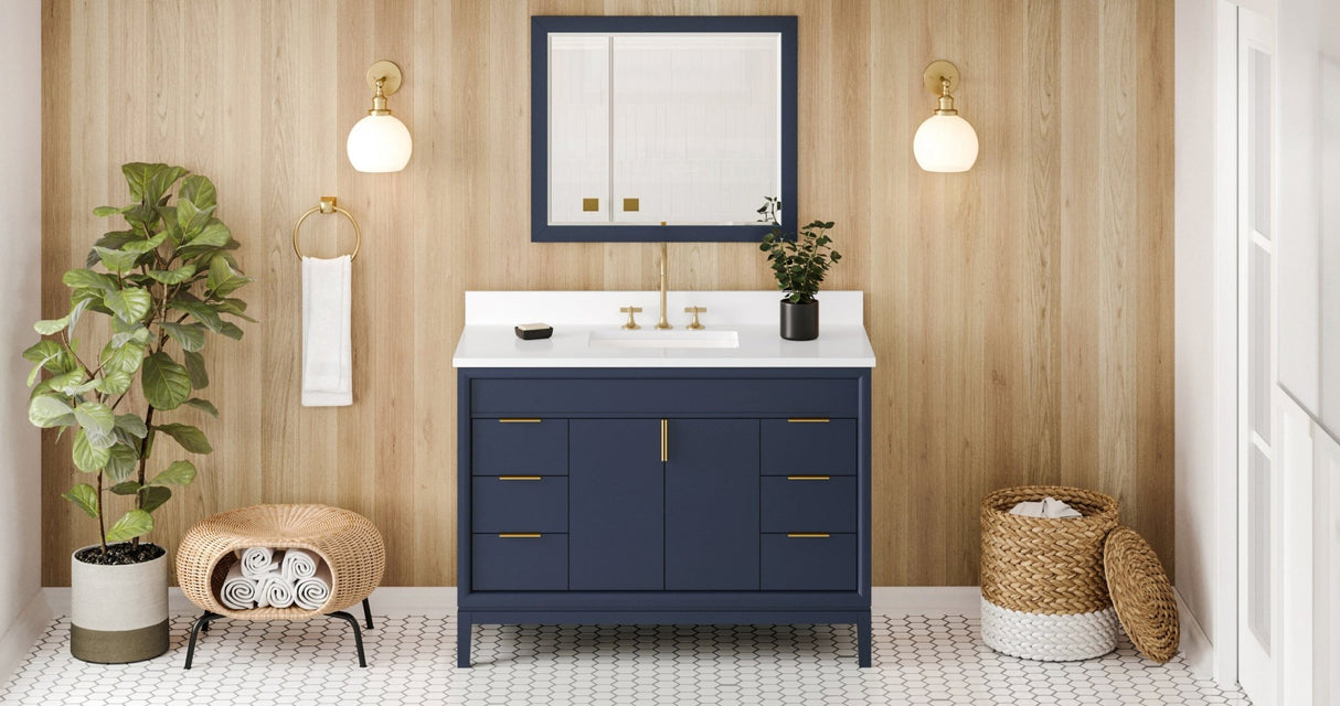 Jeffrey Alexander VKITTHE48BLWQR Theodora 48" Hale Blue Single Sink Bathroom Vanity with White Quartz Top - 8 in. Widespread Faucet Top