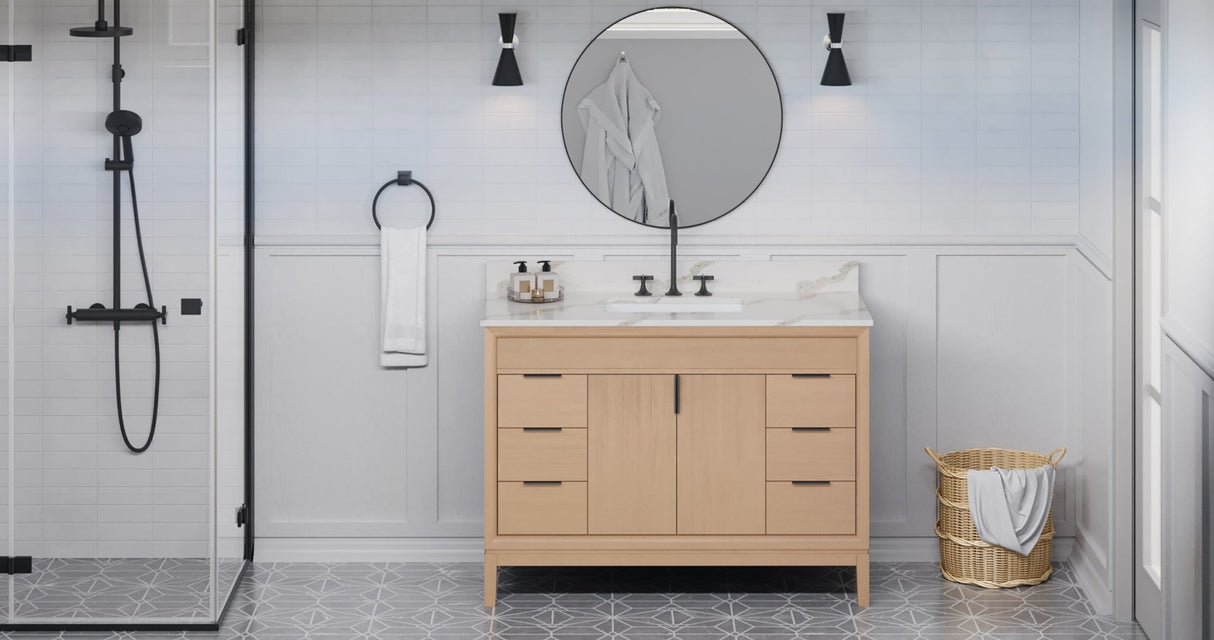 Jeffrey Alexander VKITTHE48NOCQR Theodora 48" Natural Oak Single Sink Bathroom Vanity with Calacatta Vienna Quartz Top - 8 in. Widespread Faucet Top