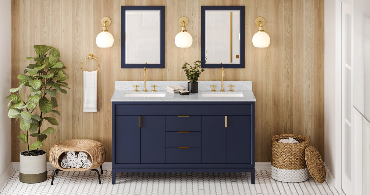Jeffrey Alexander VKITTHE60BLWCR Theodora 60" Hale Blue Double Sink Bathroom Vanity with White Carrara Marble Top - 8 in. Widespread Faucet Top