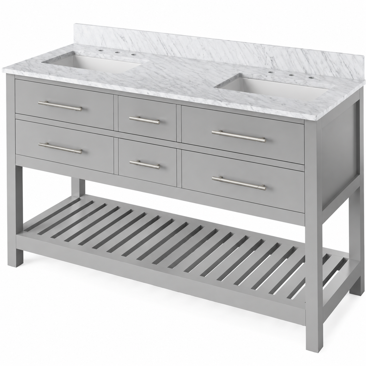 Jeffrey Alexander Wavecrest 60" Grey Double Sink Bathroom Vanity with White Carrara Marble Top - 8 in. Widespread Faucet Top