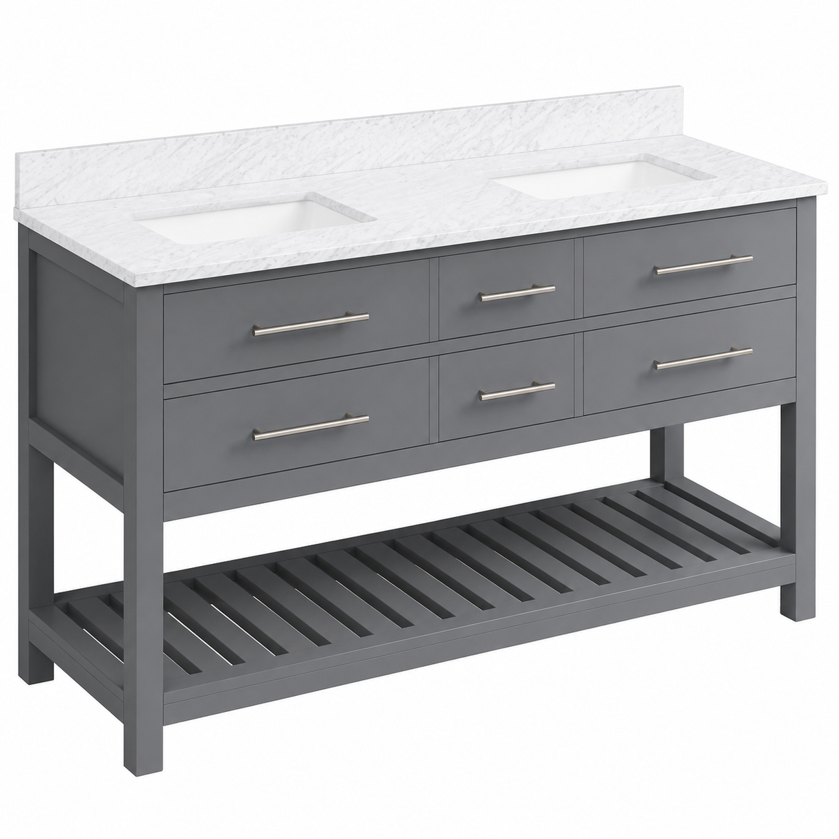 Jeffrey Alexander Wavecrest 60 inch grey double sink bathroom vanity with White Carrara marble top and open lower shelf