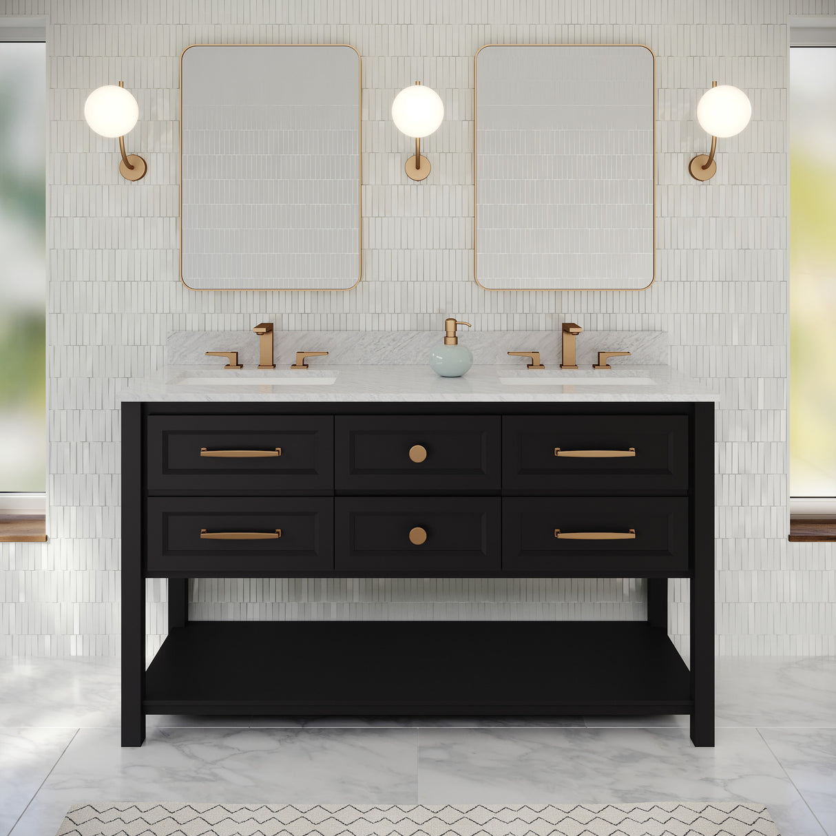 Jeffrey Alexander Kipling 60" Black Double Sink Bathroom Vanity with White Carrara Marble Top - 8 in. Widespread Faucet Top