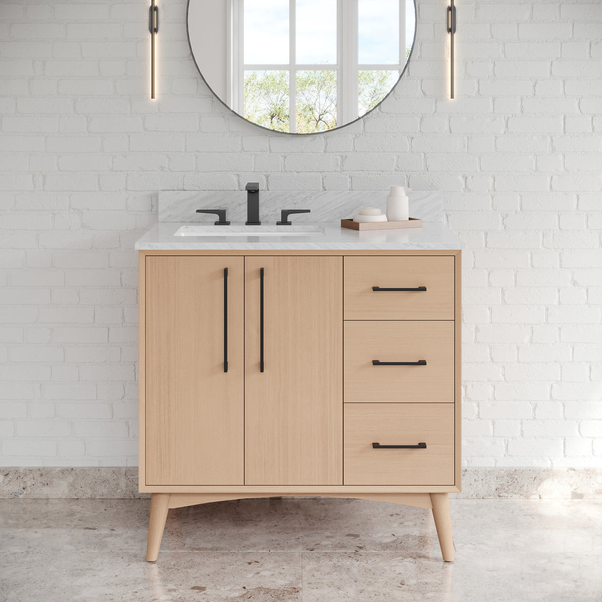 Jeffrey Alexander Dashwood Natural Oak Single Sink Bathroom Vanity with White Carrara Marble Top - 8 in. Widespread Faucet Top - VKITDAS36NOWCR