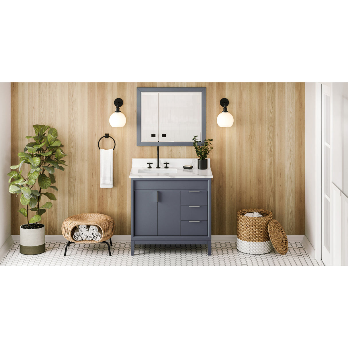 Jeffrey Alexander Theodora 36" Blue Steel Single Sink Bathroom Vanity with Calacatta Vienna Quartz Top - 8 in. Widespread Faucet Top