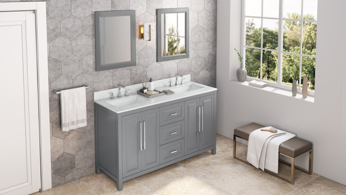 Jeffrey Alexander Cade 60" Grey Double Sink Bathroom Vanity with White Carrara Marble Top - 8 in. Widespread Faucet Top product image 7
