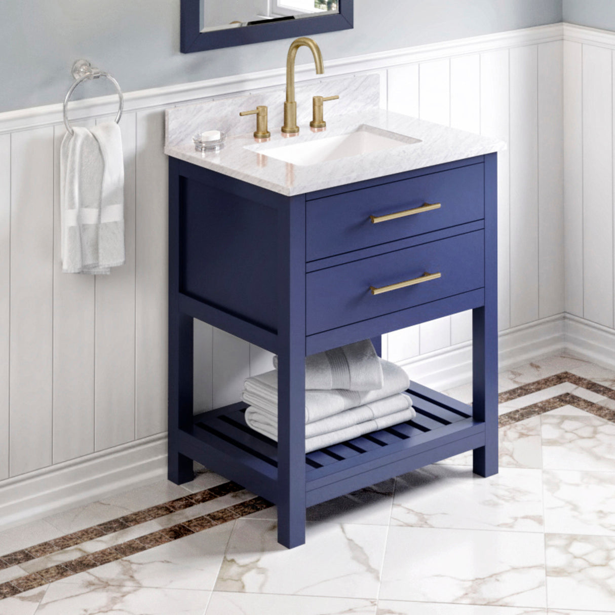 Jeffrey Alexander Wavecrest 30" Hale Blue Single Sink Bathroom Vanity with White Carrara Marble Top - 8 in. Widespread Faucet Top product image 2