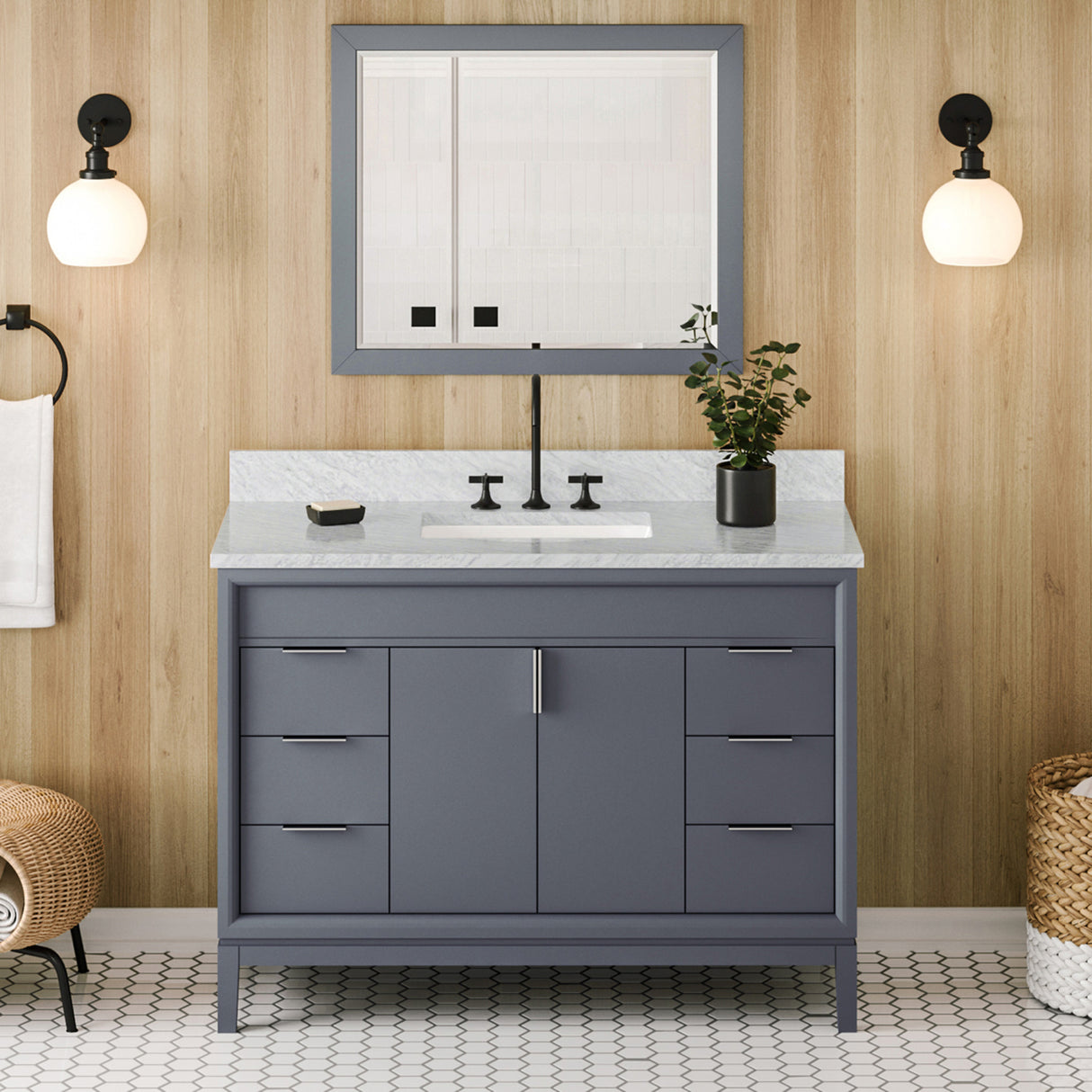 Jeffrey Alexander Theodora 48" Blue Steel Single Sink Bathroom Vanity with White Carrara Marble Top - 8 in. Widespread Faucet Top product image 2