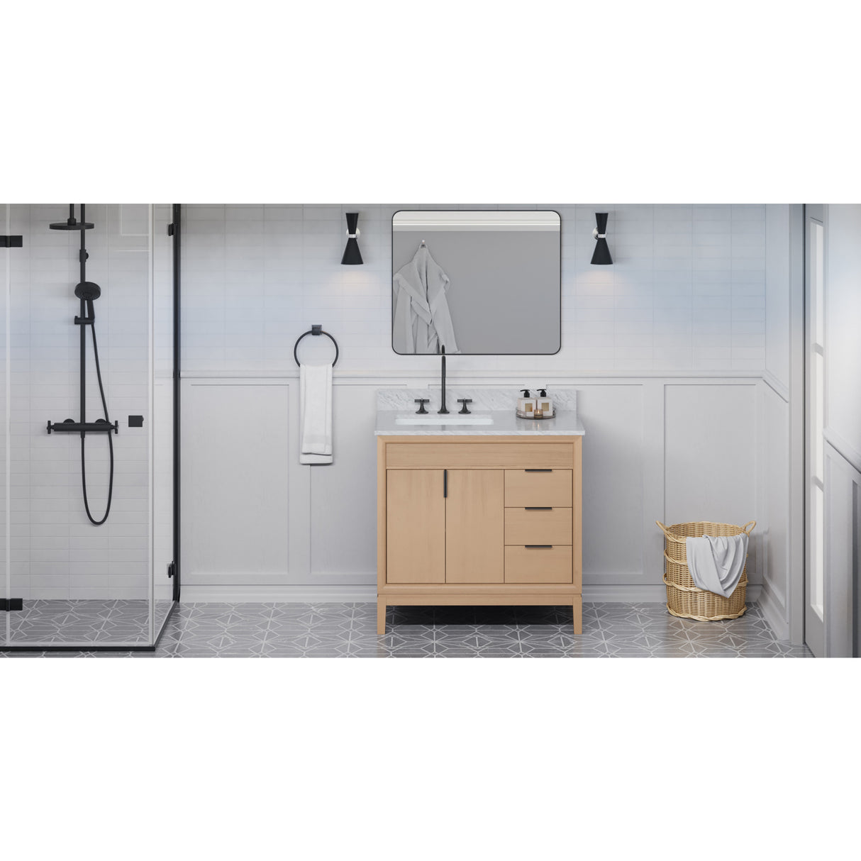 Jeffrey Alexander Theodora 36" Natural Oak Single Sink Bathroom Vanity with White Carrara Marble Top - 8 in. Widespread Faucet Top
