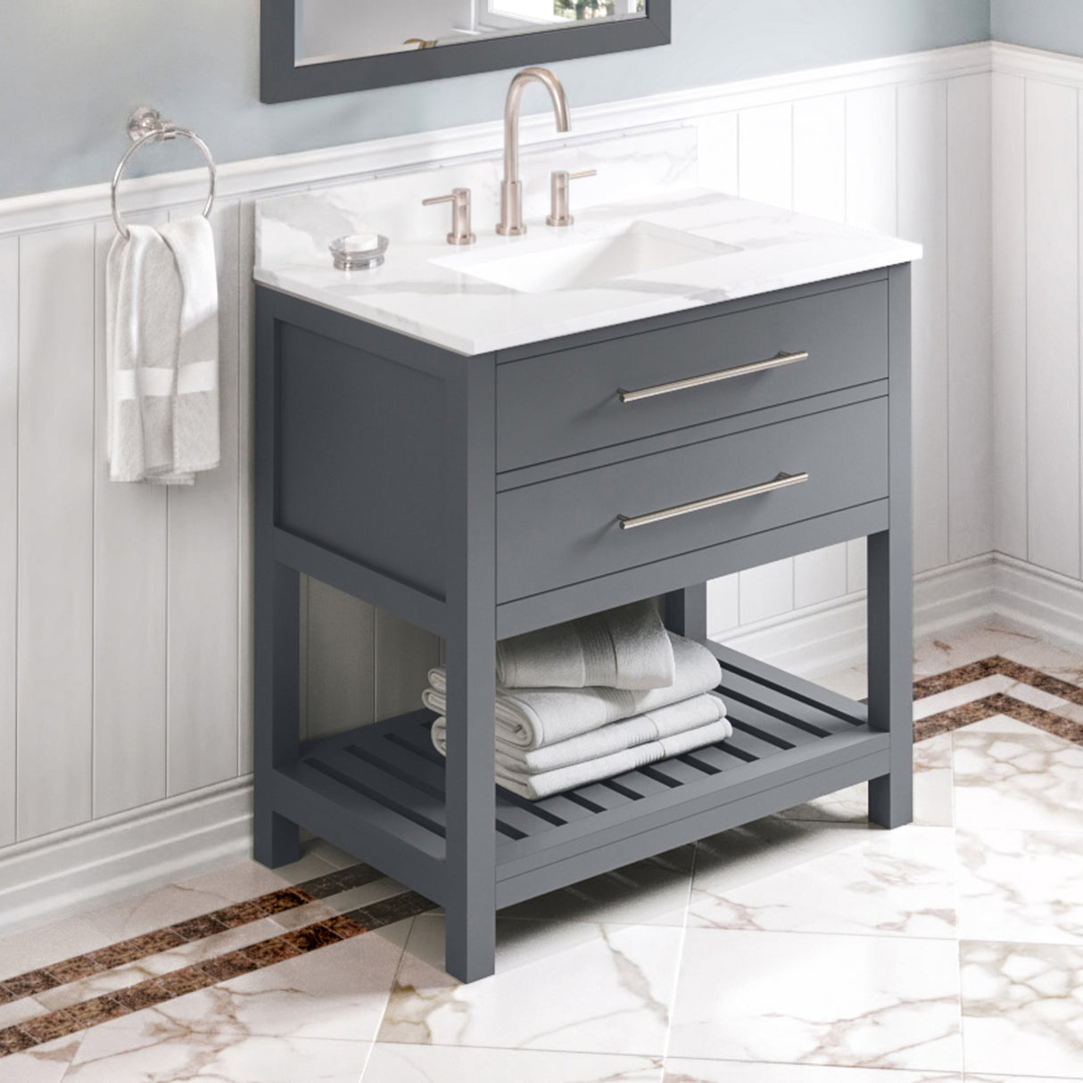 Jeffrey Alexander Wavecrest 36" Grey Single Sink Bathroom Vanity with Calacatta Vienna Quartz Top - 8 in. Widespread Faucet Top product image 2