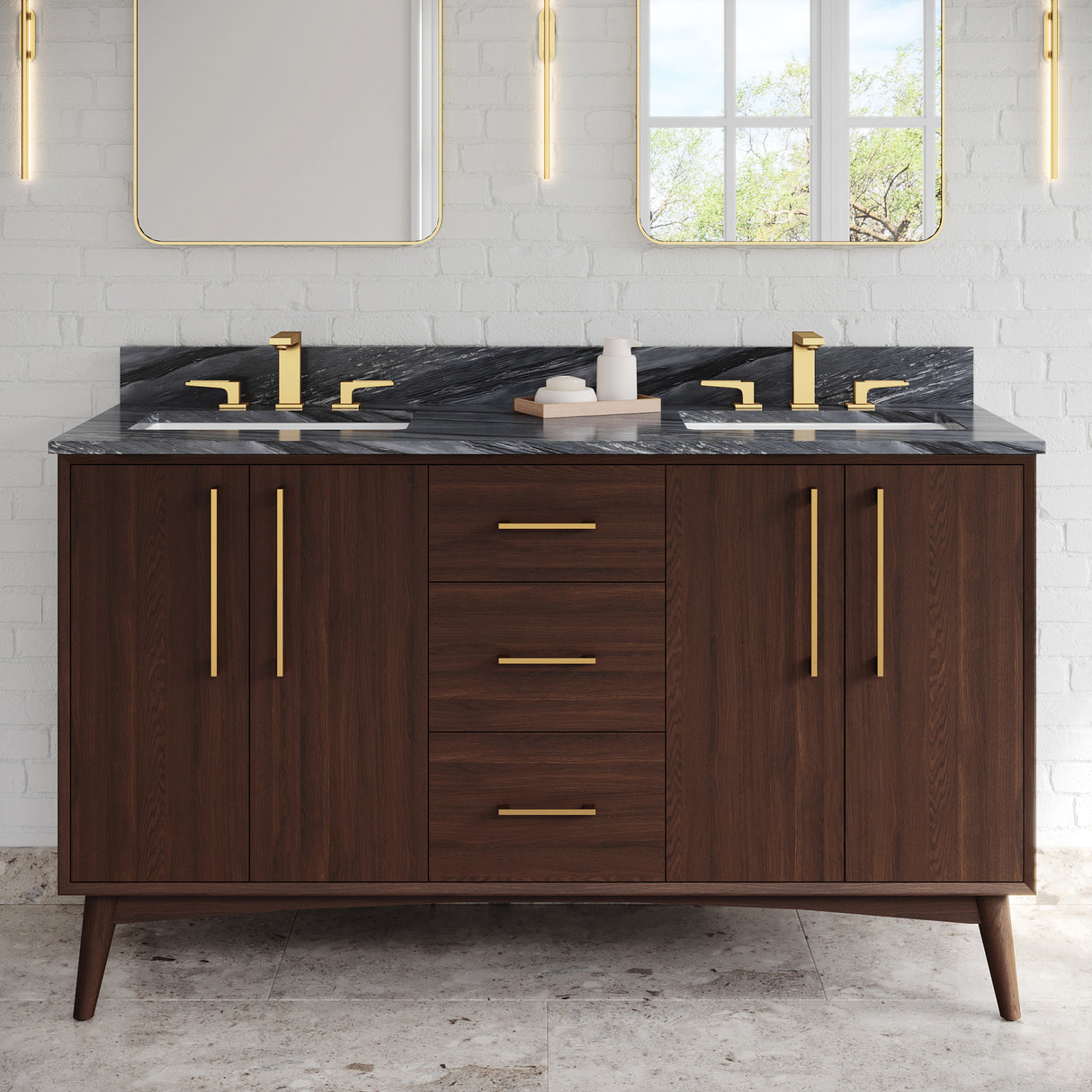 Jeffrey Alexander Dashwood 60" Dark Walnut Double Sink Bathroom Vanity with Grey Marble Top - 8 in. Widespread Faucet Top