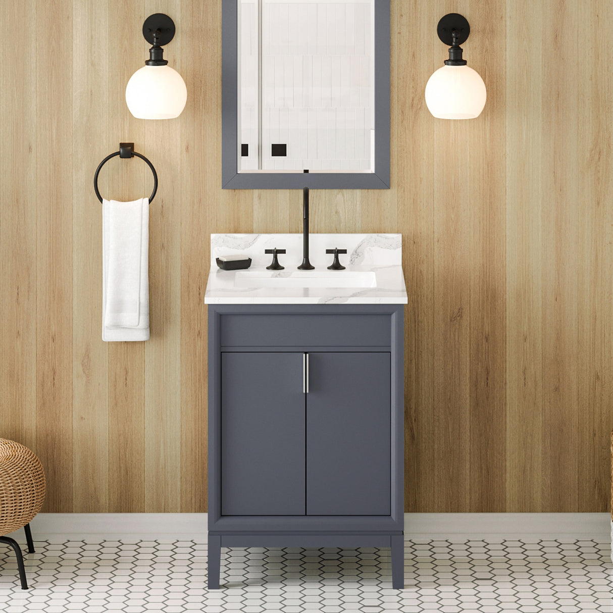 Jeffrey Alexander Theodora 24" Blue Steel Single Sink Bathroom Vanity with Calacatta Vienna Quartz Top - 8 in. Widespread Faucet Top product image 2