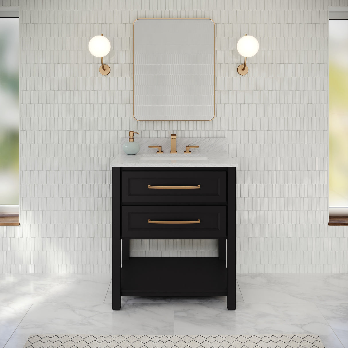 Jeffrey Alexander Kipling 31" Black Single Sink Bathroom Vanity with White Carrara Marble Top - Single-Hole Faucet Top