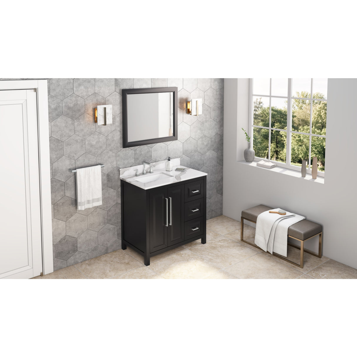 Jeffrey Alexander Cade 36" Black Single Sink Bathroom Vanity with Calacatta Vienna Quartz Top - 8 in. Widespread Faucet Top