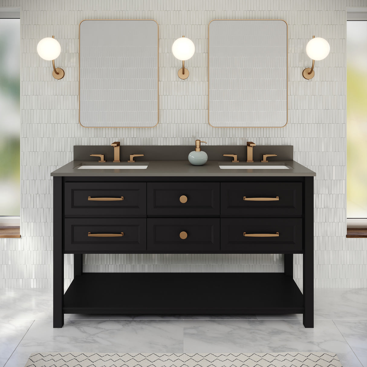 Jeffrey Alexander Kipling 60" Black Double Sink Bathroom Vanity with Grey Quartz Top - 8 in. Widespread Faucet Top