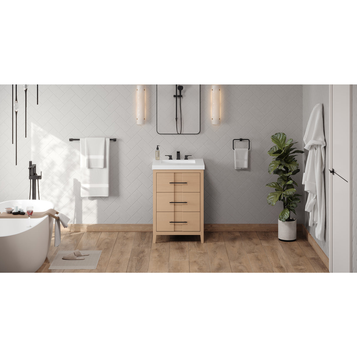 Jeffrey Alexander Katara 24" Natural Oak Single Sink Bathroom Vanity with White Resin Top - 8 in. Widespread Faucet Top