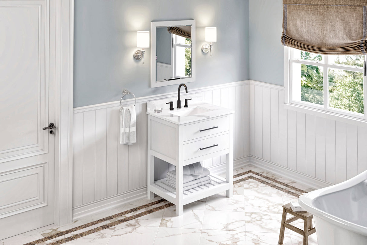 Jeffrey Alexander Wavecrest 30" White Single Sink Bathroom Vanity with Calacatta Vienna Quartz Top - 8 in. Widespread Faucet Top product image 7