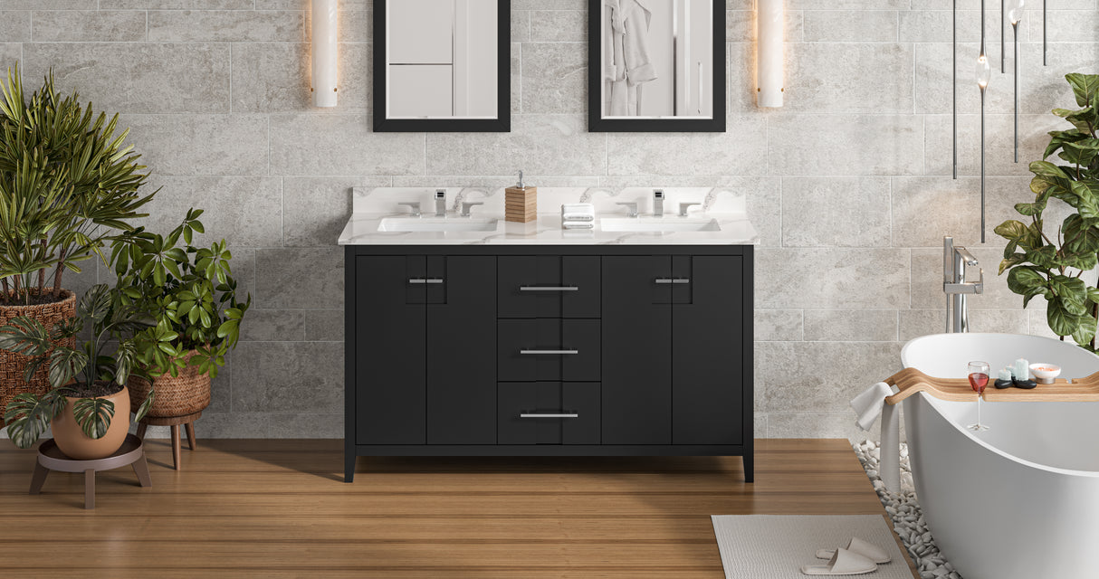 Jeffrey Alexander Katara 60" Black Double Sink Bathroom Vanity with Calacatta Vienna Quartz Top - 8 in. Widespread Faucet Top product image 7