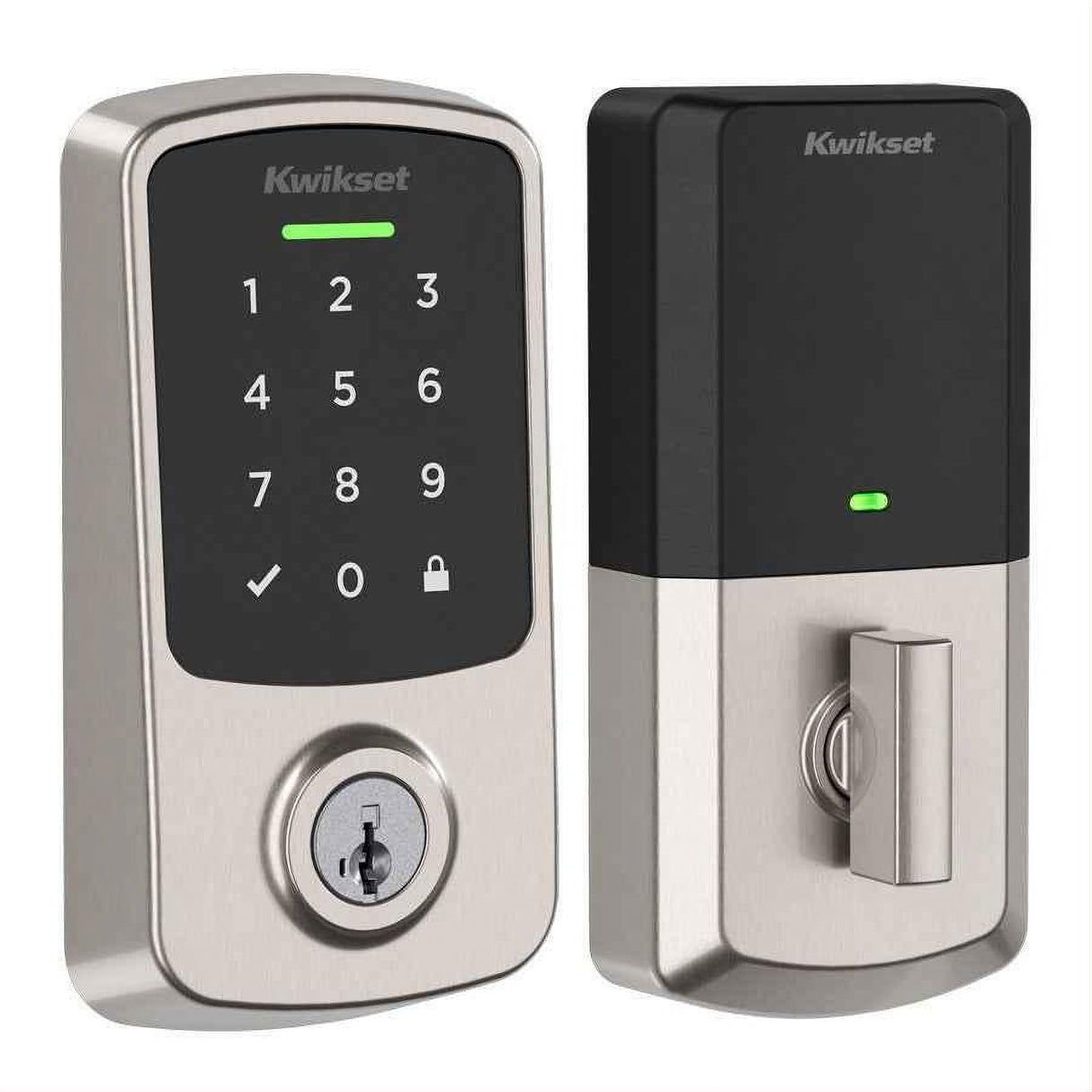 Kwikset 9400BLETHRDTPD-15S Aura Reach Bluetooth and Matter Enabled Smart Touchscreen Deadbolt with SmartKey and Tapered Round Corner Adjustable Latch Fire Door Bolt Satin Nickel