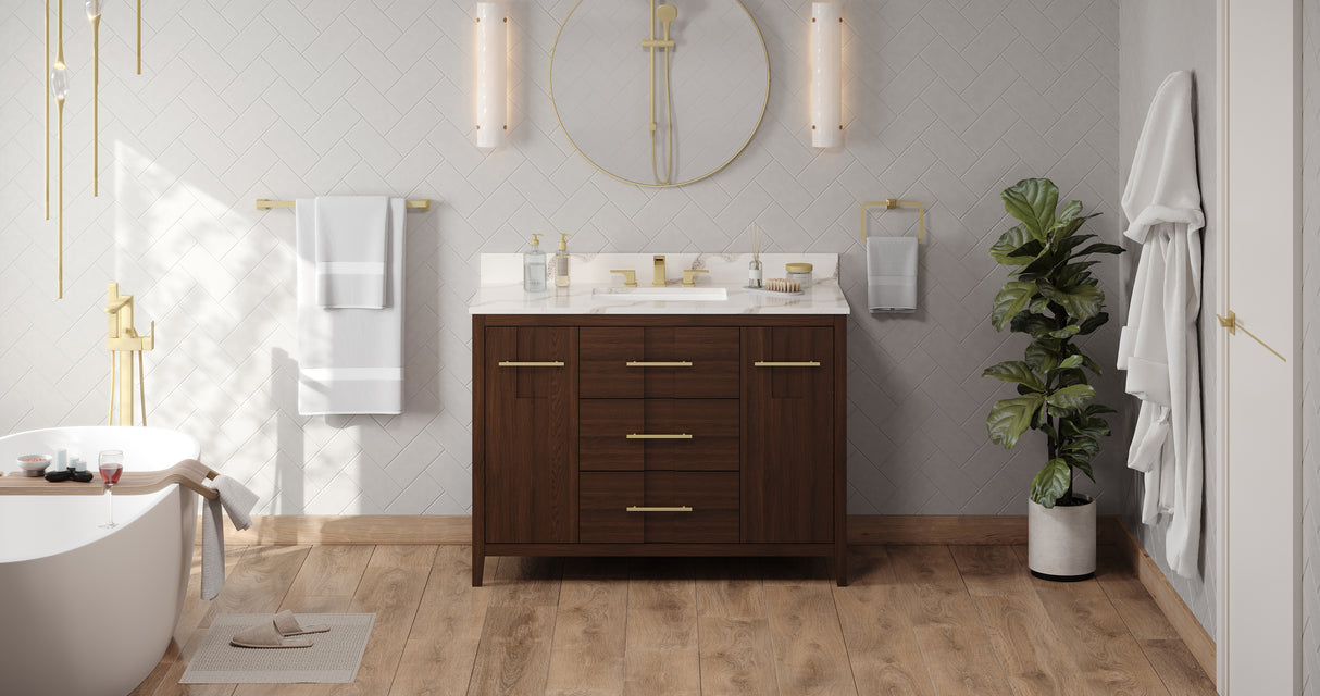Jeffrey Alexander Katara 48" Dark Walnut Single Sink Bathroom Vanity with Calacatta Vienna Quartz Top - 8 in. Widespread Faucet Top product image 6