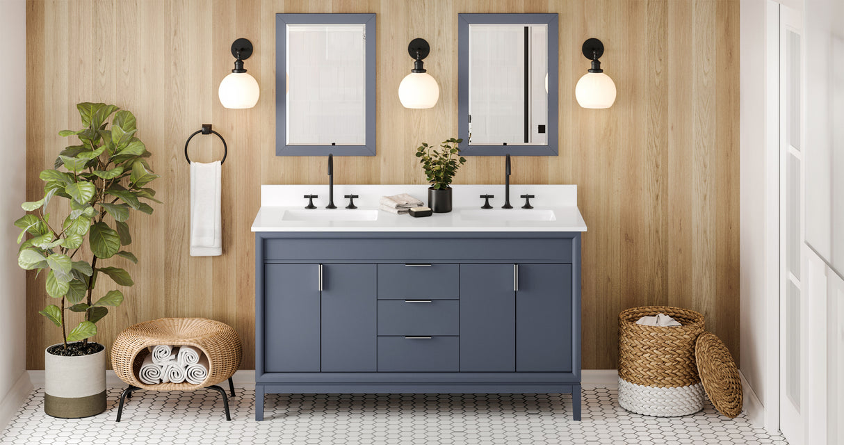 Jeffrey Alexander Theodora 60" Blue Steel Double Sink Bathroom Vanity with White Quartz Top - 8 in. Widespread Faucet Top product image 6