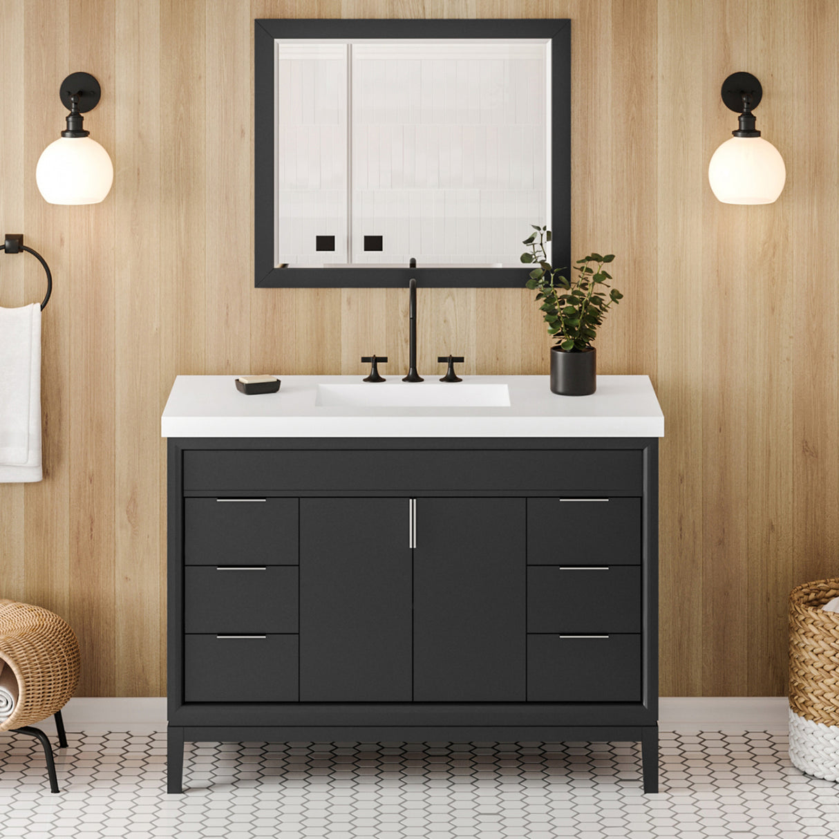 Jeffrey Alexander Theodora 49" Black Single Sink Bathroom Vanity with White Resin Top - 8 in. Widespread Faucet Top