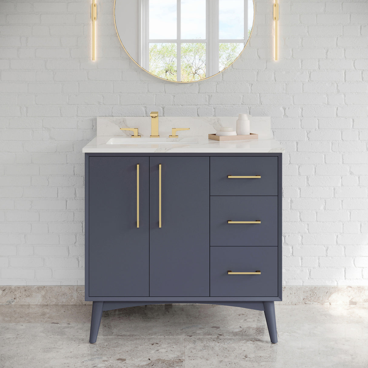 Jeffrey Alexander Dashwood Blue Steel Single Sink Bathroom Vanity with Calacatta Vienna Quartz Top - 8 in. Widespread Faucet Top - VKITDAS36BSCQR