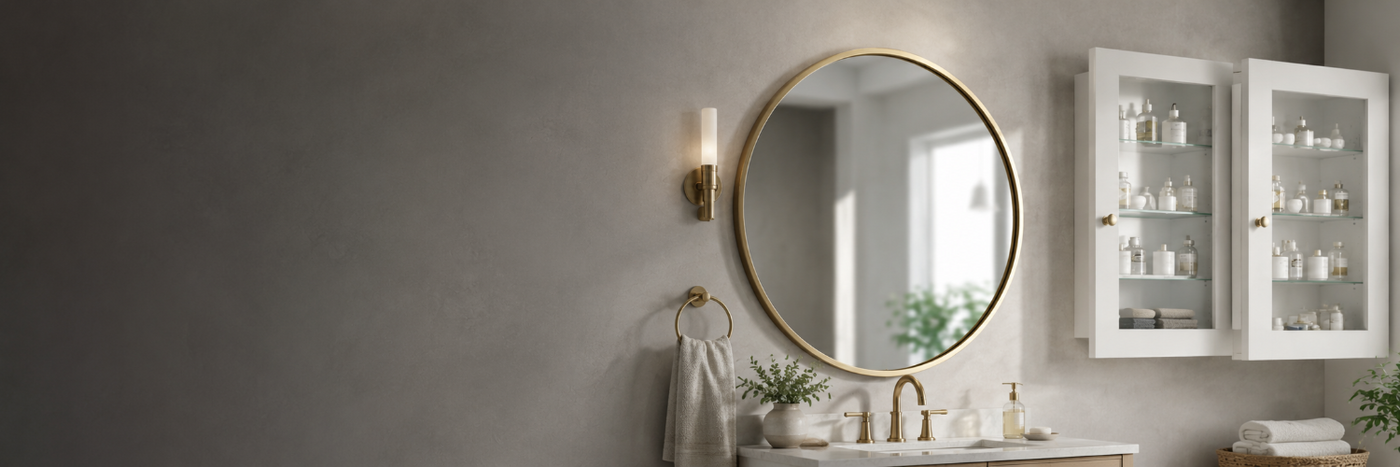 Bathroom vanity with brass light fixture, round mirror, and medicine cabinet