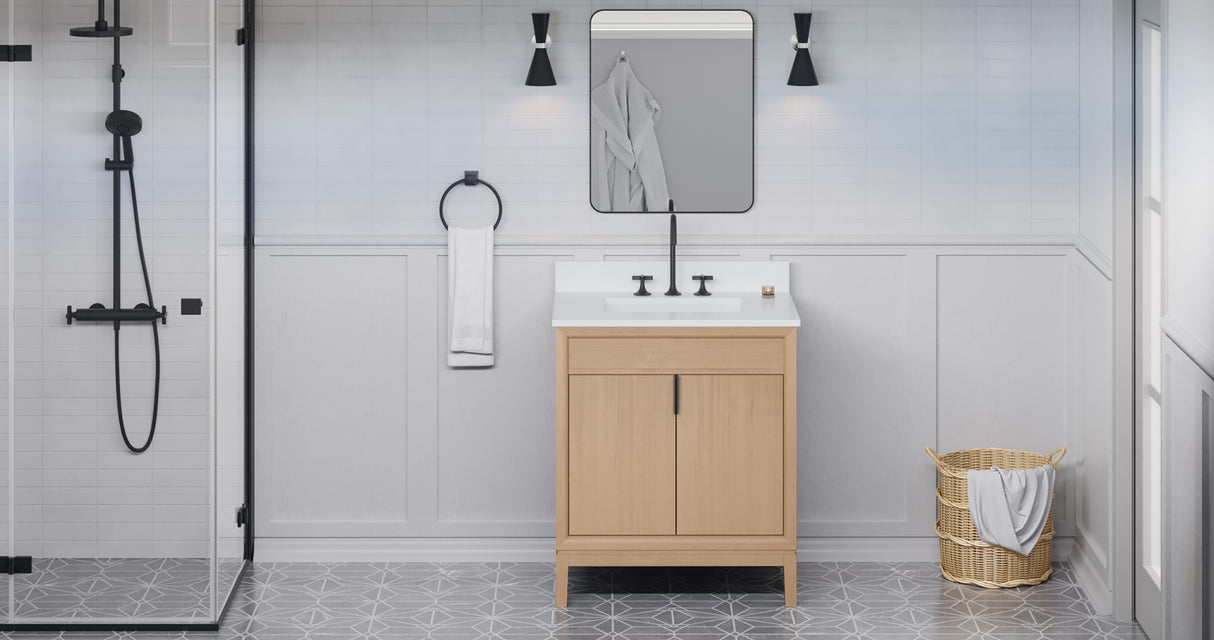 Jeffrey Alexander Theodora 30" Natural Oak Single Sink Bathroom Vanity with White Quartz Top - 8 in. Widespread Faucet Top - VKITTHE30NOWQR product image 6