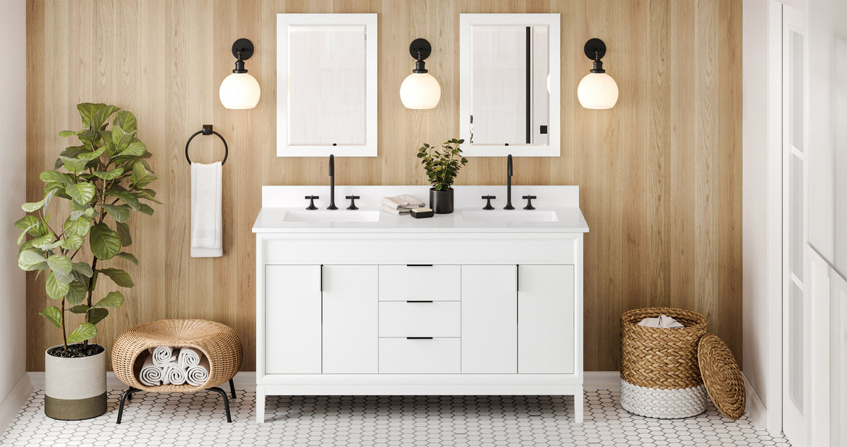 Jeffrey Alexander Theodora 60" White Double Sink Bathroom Vanity with White Quartz Top - 8 in. Widespread Faucet Top product image 6