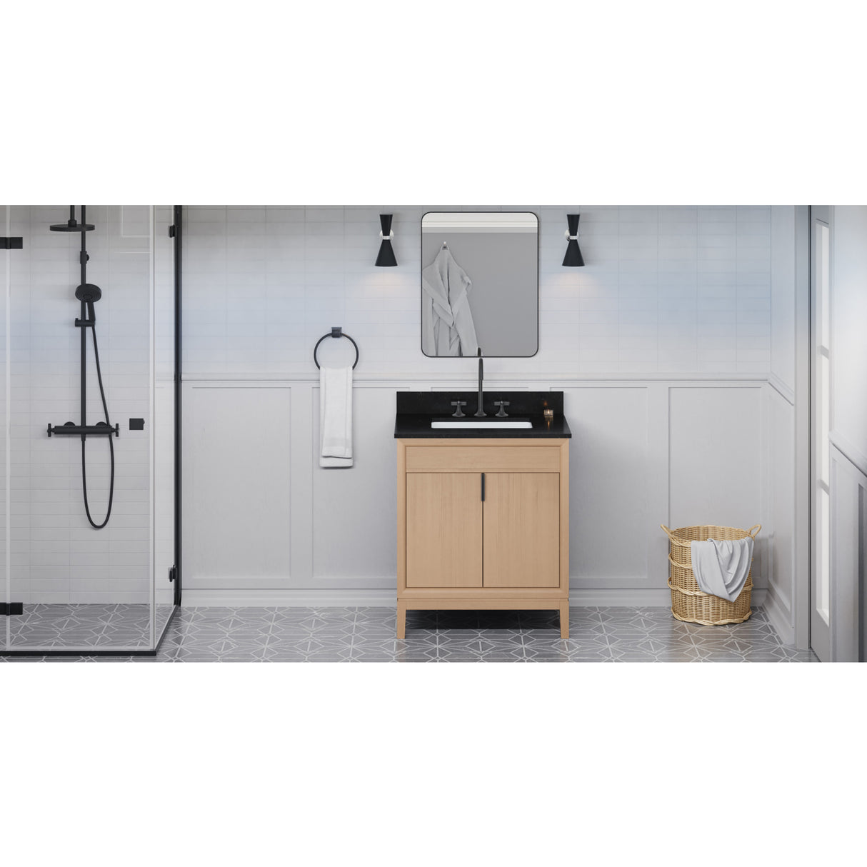 Jeffrey Alexander Theodora 30" Natural Oak Single Sink Bathroom Vanity with Black Granite Top - 8 in. Widespread Faucet Top