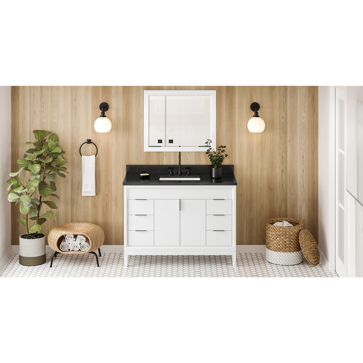 Jeffrey Alexander Theodora 48" White Single Sink Bathroom Vanity with Black Granite Top - 8 in. Widespread Faucet Top