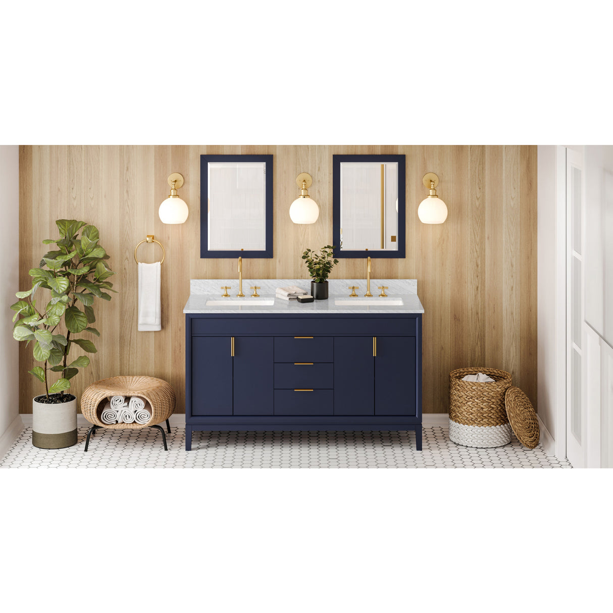 Jeffrey Alexander Theodora 60" Hale Blue Double Sink Bathroom Vanity with White Carrara Marble Top - 8 in. Widespread Faucet Top
