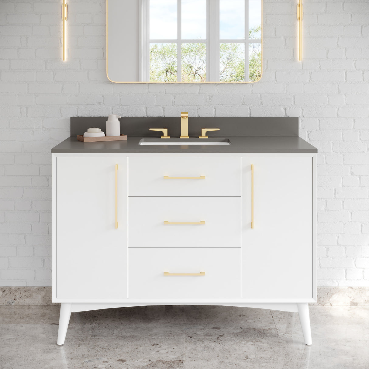 Jeffrey Alexander Dashwood White Single Sink Bathroom Vanity with Grey Quartz Top - 8 in. Widespread Faucet Top - VKITDAS48WHGQR