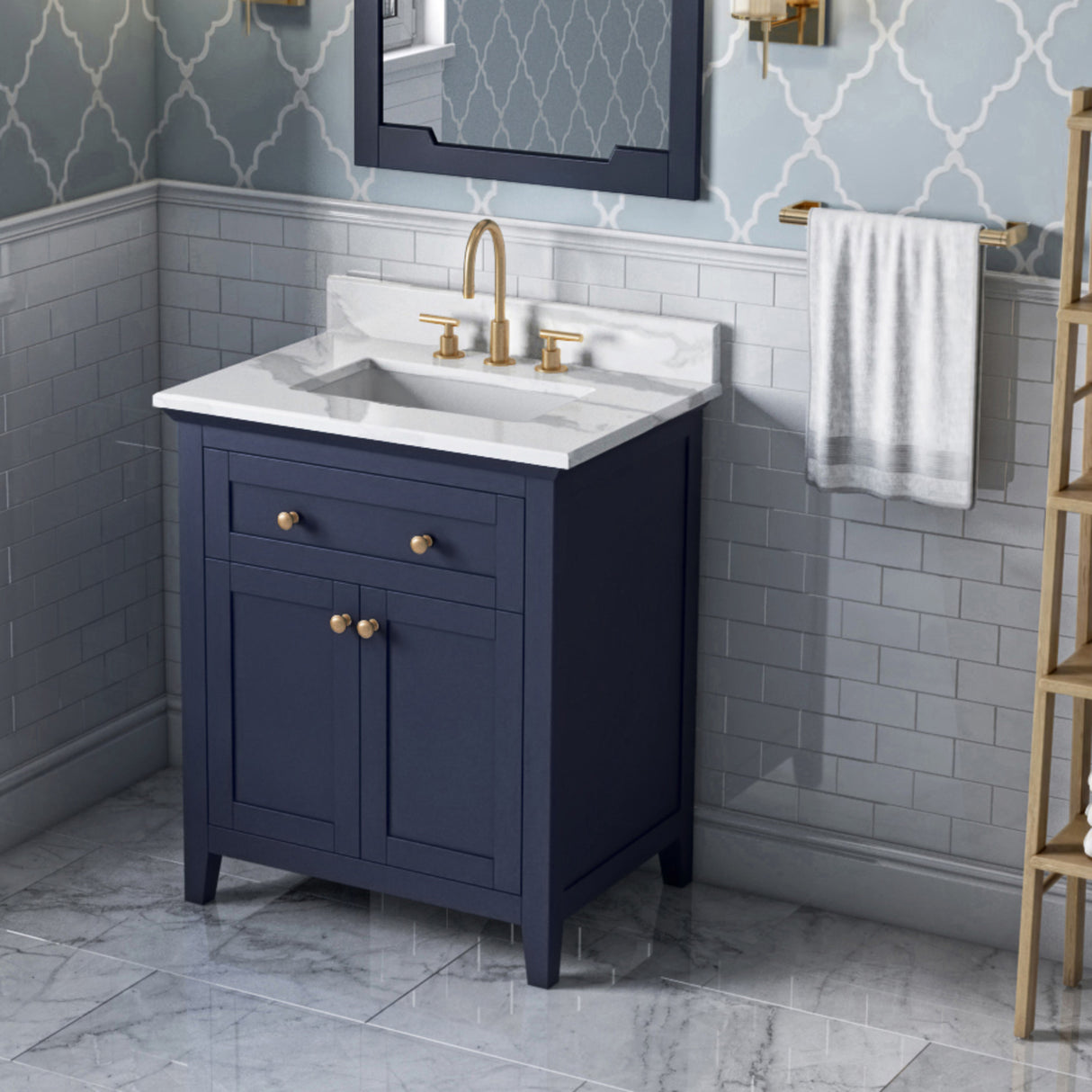 Jeffrey Alexander Chatham 30" Hale Blue Single Sink Bathroom Vanity with Calacatta Vienna Quartz Top - 8 in. Widespread Faucet Top product image 2