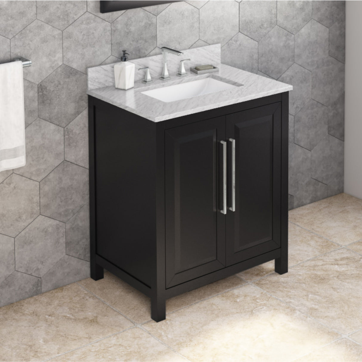 Jeffrey Alexander Cade 30" Black Single Sink Bathroom Vanity with White Carrara Marble Top - 8 in. Widespread Faucet Top product image 2