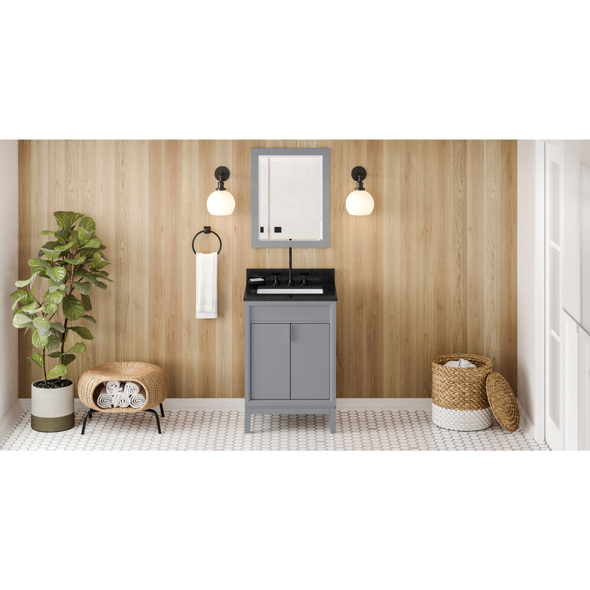 Jeffrey Alexander Theodora 24" Grey Single Sink Bathroom Vanity with Black Granite Top - 8 in. Widespread Faucet Top