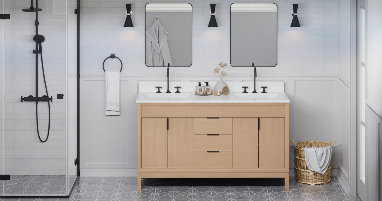 Jeffrey Alexander Theodora 60" Natural Oak Double Sink Bathroom Vanity with White Quartz Top - 8 in. Widespread Faucet Top product image 6