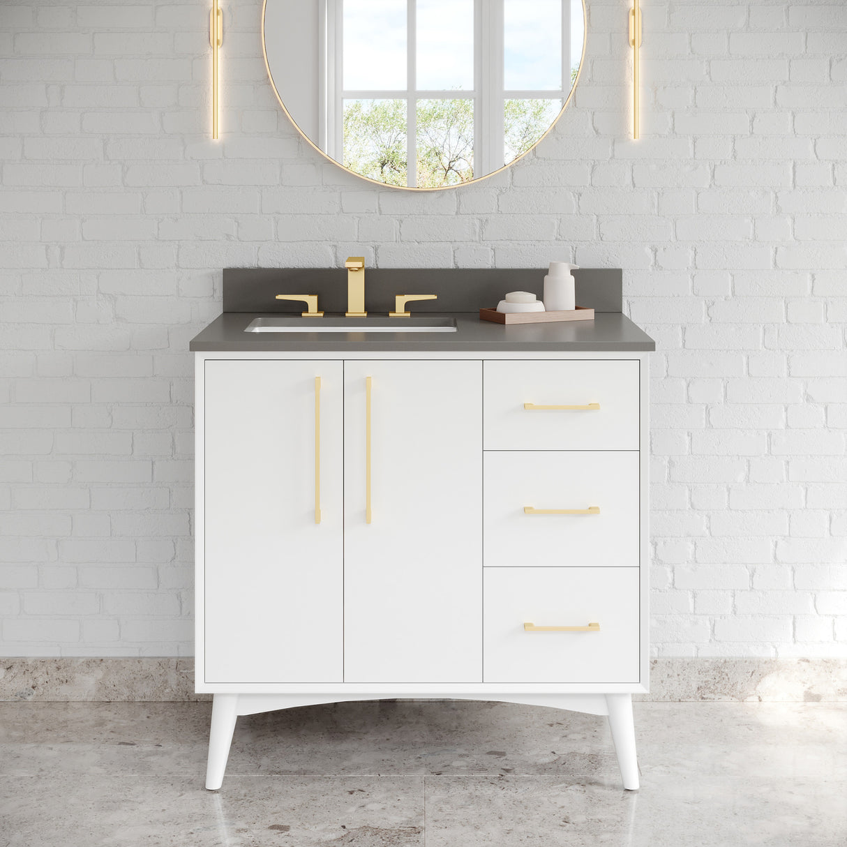 Jeffrey Alexander Dashwood White Single Sink Bathroom Vanity with Grey Quartz Top - 8 in. Widespread Faucet Top - VKITDAS36WHGQR